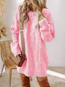 Acelitt Autumn/Winter Women's Solid Color Knitted Textured Pattern Dropped Shoulder Oversized Sweater Dress, Order One Size Down - Pink - View 5