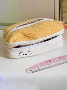 1个可爱虾笔袋 - 炸虾毛绒笔袋大容量学校和办公室收纳袋，柔软毛绒拉链设计，亮黄色虾图案。学生文具收纳袋，动漫迷必备，玩偶展示袋，玩偶收纳袋