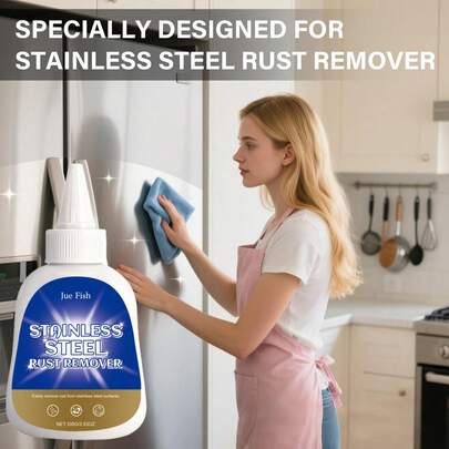  Jue Fish Stainless Steel Rust Remover & Cleaner, Daily Household Cleaning For Pot Bottom Stains, Multi-Functional Rust Removal. Our Stainless Steel Rust Remover Is Specially Designed For Fast Penetration Of The Rust Layer. The Usage Is Very Convenient: Evenly Apply This Product To The Rusted Stainless Steel Surface. Let It Sit For 4-6 Minutes, Then Wipe It Clean With A Cloth. It Can Also Remove Rust Stains And Dirt, Restore The Original Luster Of Stainless Steel, And Enhance The Appearance.