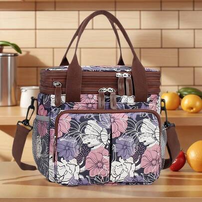 Leakproof Lunch Box Cooler Bag For Women Men Double Deck Lunch Box,Expandable Large Lunch Bags,Reusable Adults Floral Lunch Tote Bag Lunch Box For Office Work Picnic Expandable Double-Layer Leakproof Cooler Bag With Upgrade Adjustable Shoulder Strap Ideal Fo