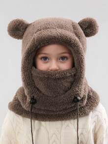 1个儿童熊耳毛绒拉法帽（多种颜色可选） - 保暖内衬二合一帽颈套，带抽绳，保暖防风，适合3-10岁幼儿及儿童日常户外活动 - 套頭帽 - 查看 7