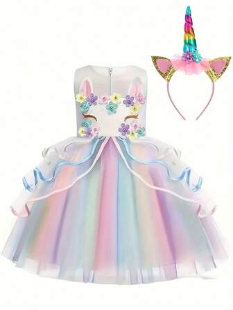 Girls Unicorn Princess Dress, Cute Floral Unicorn Print Mesh Tutu Princess Dress With Chiffon, Suitable For All Seasons