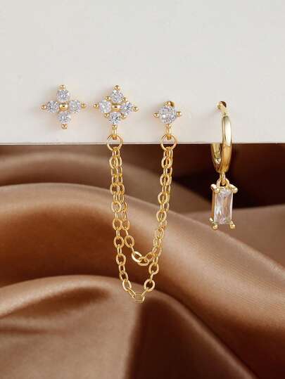 1/3 Stücke vergoldete Creolen Ohrstecker für Frauen, Blumen Ohrringe Set für mehrfaches Piercing, zierliche Kubikzirkonia Creolen Ohrringe Set für Knorpel