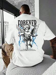 Camiseta de manga corta con cuello redondo y diseño de patrón de ángel para hombres, para salir, para amigos - Blanco - Ver 1