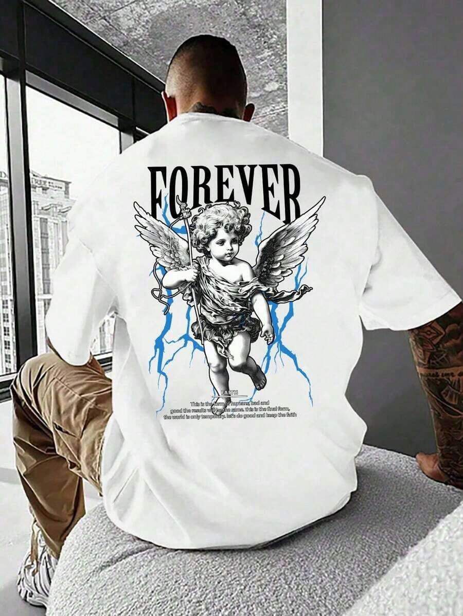 Camiseta de manga corta con cuello redondo y diseño de patrón de ángel para hombres, para salir, para amigos - Blanco - Ver 1