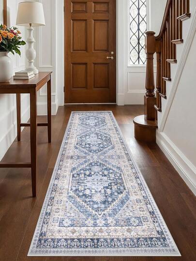 1 pièce Tapis bleu, style bohème, tapis de couloir, 900g/m² lavable et lavable en machine, décoration d'intérieur, salon, cuisines, passage, chambre à coucher, salle à manger, bureau, toutes saisons
