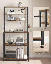 Kitchen Storage Rack, Coffee Bar, Baker's Rack, Total 6 Shelves And 6 Hooks, For Microwave, Steel Frame, Industrial, 40 X 80 X 167 Cm, Rustic Brown And Black/Oak Colour And White - Brown - View 8