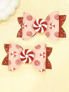 2 Stücke Weihnachts-Bonbon-Schleifen Haarclips, handgefertigt aus PU-Leder und glänzendem Glitzerleder, geeignet für Weihnachten, Geburtstagsfeiern, Themenparks, Cosplay