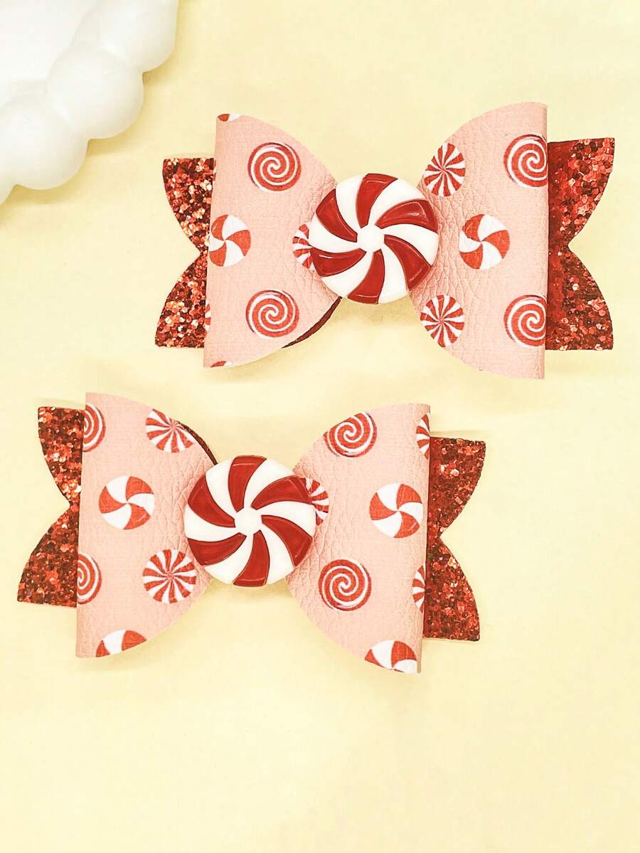 2 Stücke Weihnachts-Bonbon-Schleifen Haarclips, handgefertigt aus PU-Leder und glänzendem Glitzerleder, geeignet für Weihnachten, Geburtstagsfeiern, Themenparks, Cosplay