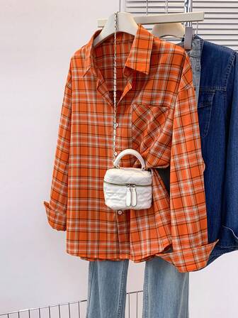 New Dopamine Orange Plaid Casual Long Sleeve Shirt