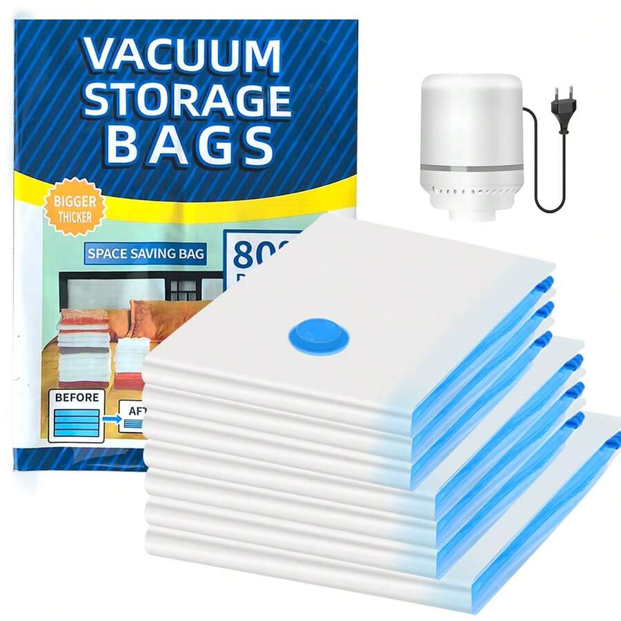 7件套真空收纳袋套装，含便携式电动泵，适用于衣物、毯子、被子、旅行（1个大号，3个中号，3个小号）