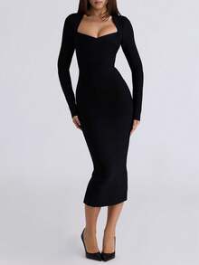 Naomi Black Bandage Midi Dress Women Long Sleeve Bodycon Dress Elegant Sexy Bithday Evening Cocktail Party Dress Spring Summer - Black - View 3
