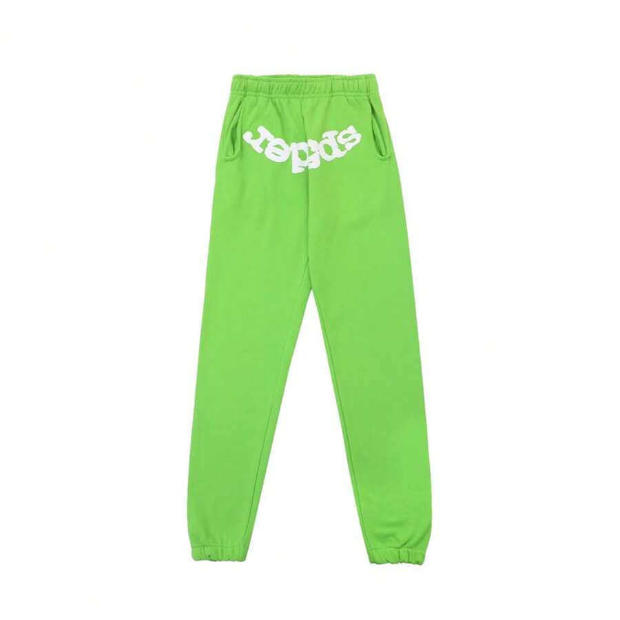 Sp5der Hip-Hop Artist Letter 3D Print Fleece Hoodie & Pants Set For Men & Women - 15 Trái cây xanh K - Xem 1