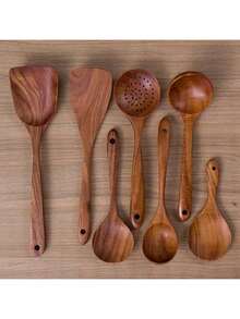 木制厨房用具套装 - 包括勺子、锅铲、钢勺 - 烹饪工具，适合家庭聚会和派对，柚木制成，高端生活，品质优良
