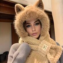 冬季猫耳毛绒连帽围巾，柔软仿皮草女式帽子围巾，带口袋设计的三合一保暖毛绒兜帽，适合寒冷天气的可爱舒适头饰，适合女孩和时尚爱好者的圣诞礼物 - 彩色 - 查看 6