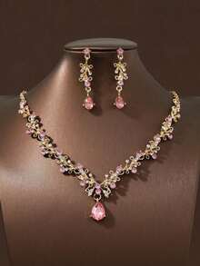 3-Piece Bridal Wedding Necklace Earrings Set & Elegant Party Accessories Combo For Women - Màu hồng nền vàng - Xem 5