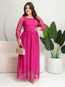 Long Tulle Dress, Plain Fabric, With Belt, Wedding, Holiday - 玫瑰紅 - 查看 1