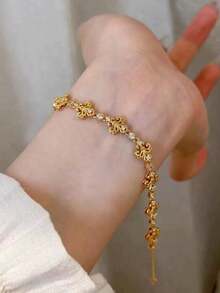 1pc Iris Flower Rhinestone Bracelet, Vintage Minimalist Metal Gold Iris Flower Bracelet, Suitable For Women Everyday, Party, Event Wear - Gold - View 5