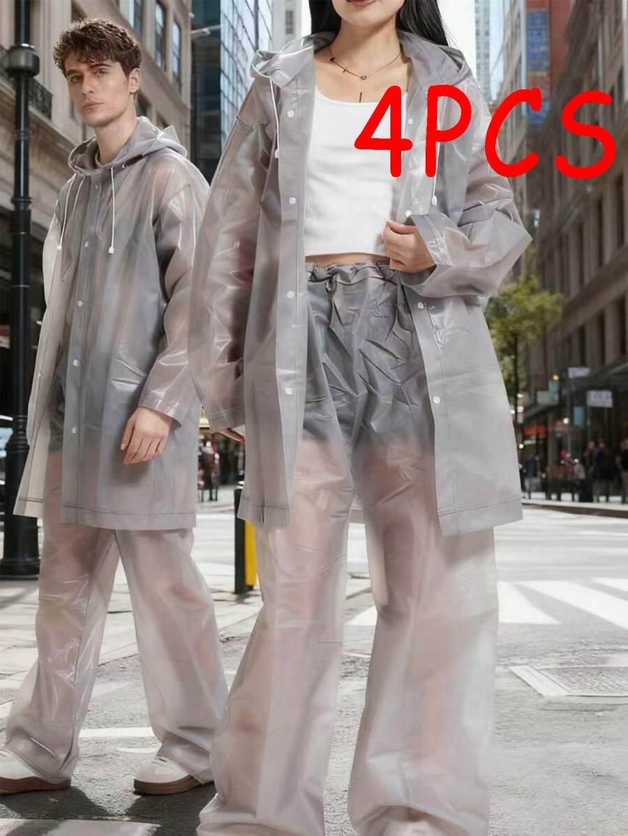 4pcs Gray Rain Suit - 2 Tops 2 Pants, Outdoor Thickened Raincoat For Men And Women, Casual Hiking Rain Jacket, Waterproof Full Body Coverall Rain Poncho For Travel, Cycling, Adults - Grey - View 1