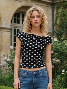 Womens Off The Shoulder Tops Stylish Dot Print Casual Slim Fit Sleeveless T-Shirt For Summer - màu đen - Xem 1