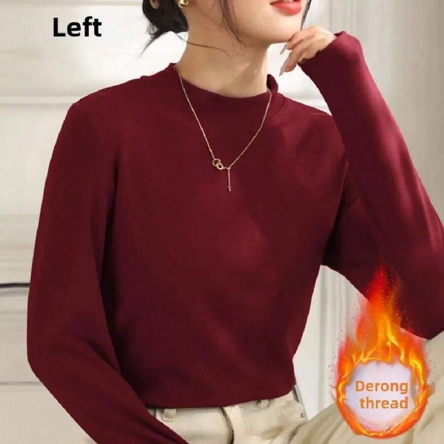 Suéter casual de manga larga con cuello alto y detalles de canalé para mujer, blusa de moda dama, sweater informal elegante - Rojo - Ver 1