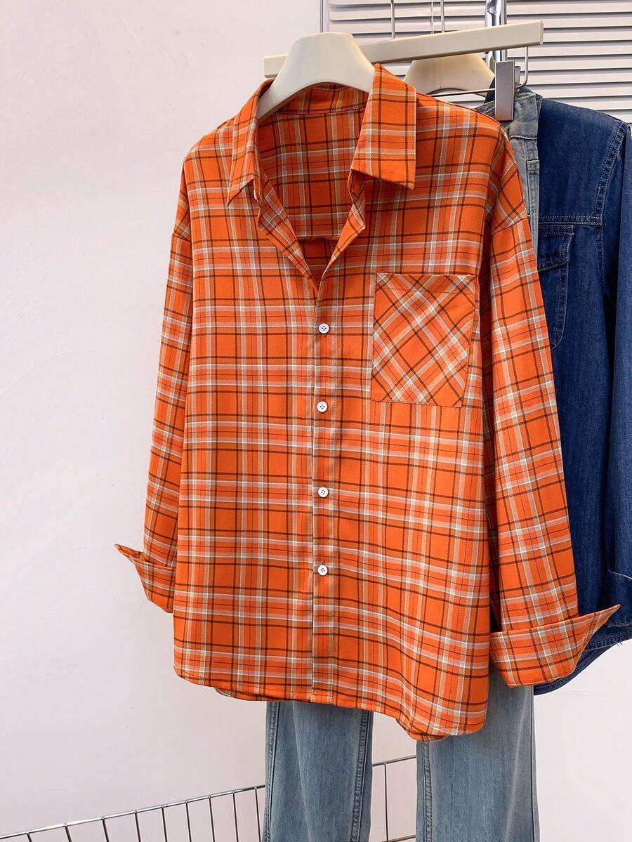 New Dopamine Orange Plaid Casual Long Sleeve Shirt