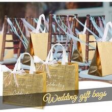 50 Pcs Thank You Gift Bags Thank You For Celebrating With Us Wedding Gift Bag Welcome Bag Birthday Glossy Tote Ribbon Reusable Bag For Hotel Guest Bachelorette Party Bridal Shower Gold - 金色 - 查看 3