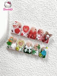 10pcs Christmas Nail Art Set, Including 3D , Cinnamon Dog, Pudding Dog Nail Stickers, French Manicure Stickers, Handmade Snowflake Nail Stickers, Christmas Reindeer, Christmas Tree, Santa Claus, Heart, Bow, Camellia Flower Nail Decorations, Comes With Nail Tools (1 Jelly Sticker + 1 Nail File), 3 Sizes Available: Almond, Duck, Coffin Shape, Suitable For Parties, Christmas, Daily Wear - 彩色 - 查看 2