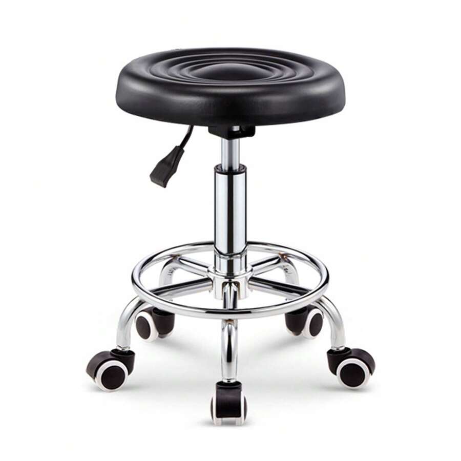 Round Rolling Stool PU Leather Cushion Swivel Stool With Wheels Height Adjustable - 黑色 - 查看 1