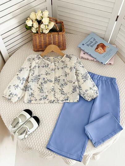 Humor Bear 2pcs Girls Fashion Jacquard Chiffon Lightweight Long Sleeve Top And Wide Leg Pants Set, Autumn