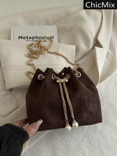 Fashionable Solid Color Chain Strap Mini Bucket Crossbody Bag