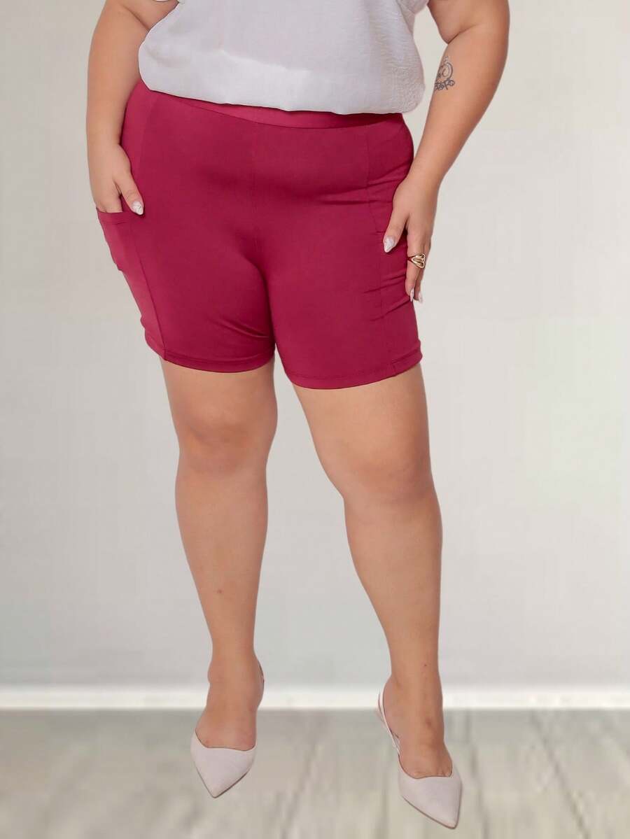 Women's Plus Size Legging Shorts With Cell Phone Pocket Suplex Bermuda High Waist Fitness Fashion Gym Zero Transparency - Màu Đỏ Sâu - Xem 1