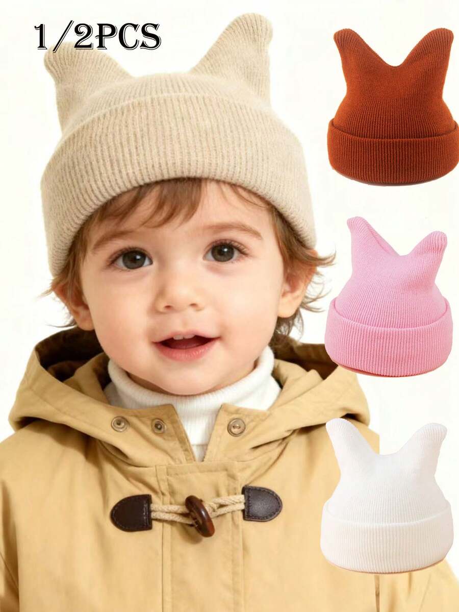 1/2 piezas Gorro de punto con cuernos dobles de dibujos animados lindos y cálidos para niños/bebés, gorro de punto versátil