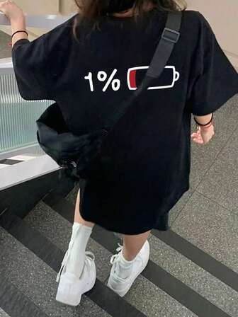 Women's Summer "1%" Text With Low - Power Battery Pattern T-Shirt,Casual Comfort Daily Wear,Christmas Outfits,Winter Clothes Women,Jumpers For Women,Top,Coats For Women,Tops For Women,Women Winter Clothes,Long Sleeve Tops,Festival Outfits Women,Christmas Gifts,Christmas Day Outfit,Black Tops,Curve,New Year Outfit