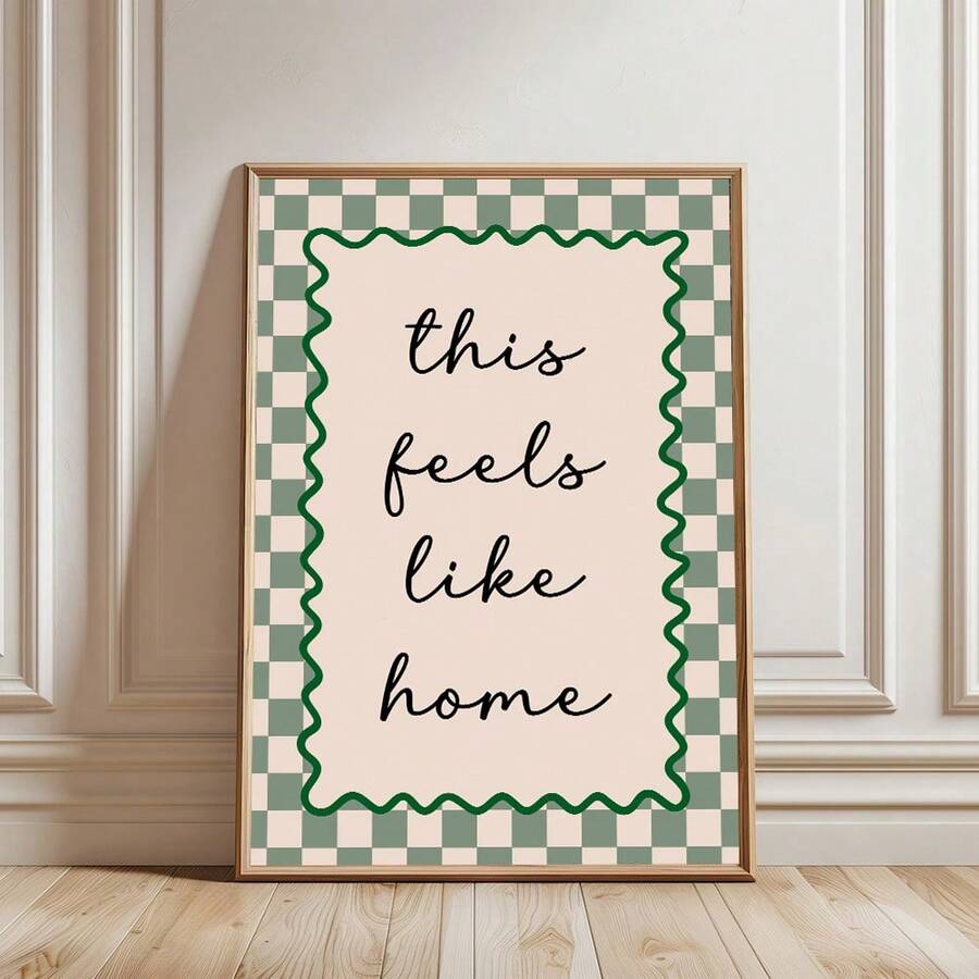 1pc Framed/Unframed Green/Pink This Feels Like Home Canvas Poster Gingham Typography Quote Wall Art Print Minimalist Aesthetic Decor Funky Painting For Dorm,Living Room,Bedroom,Modern Home Decoration,Housewarming Gift