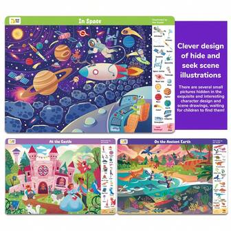 3pcs Interactive Find The Hidden Objects Cards For Kids - Educational Activity Cards With Erasable Markers, 1 Pen Included, Castles, Dinosaurs, Space