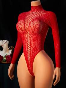 Women's Sexy Lingerie Fishnet Hollow Out High-Neck Red Bodycon Bodysuit Backless Stretchy Bodystocking With Rhinestone Intimate Wear Fishnet Bikini - Red - View 3