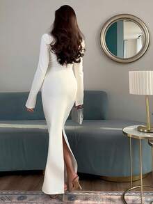 女式优雅长袖纯色连衣裙，有领、收腰、拉链，秋冬