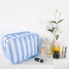 Personalized Embroidered Makeup Bag For Girls, Custom Name Gingham Toiletry Pouch With Cute Ruffle Trim, Soft Pastel Travel Cosmetic Organizer, Lightweight Large Capacity Storage Bag, Ideal Gift For Friends, Bridesmaids, Or Christmas