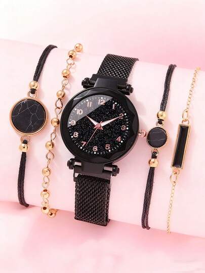 5pcs/Set Fashionable Women's Starry Sky Watches, Minimalist Popular Magnetic Steel Band Quartz Watch Set