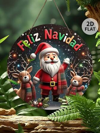 1 件 2D 打印圣诞主题装饰，带有圣诞老人元素，“圣诞快乐”，优质木质材料，壁挂多用途，时尚简约风格，入口装饰