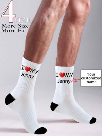1 Pair Custom Name Socks With "I ️ MY [Your Name]" Heart Print, Personalized Love-Themed Socks, 4 Sizes For Better Fit, Custom Gift Socks For Anniversary, Valentine's Day, Birthday, Wedding, Mother's Day, Father's Day, Best Friend Gift For Him/Her