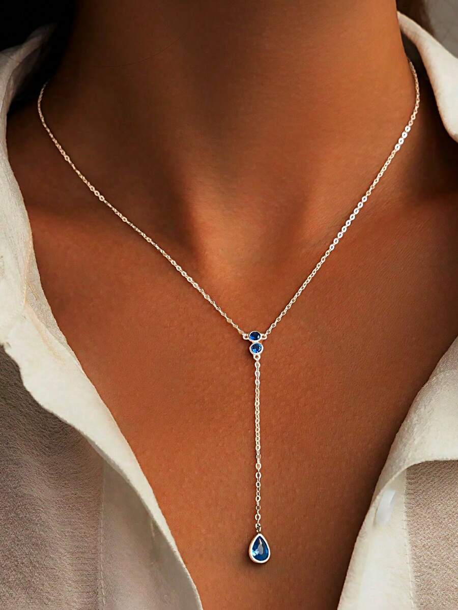 قلادة فضة عيار 925 بقلادة زركونيا على شكل قطرة ماء زرقاء، تصميم علاق أنيق، سلسلة تجميل منطقة الترقوة، مناسبة للارتداء اليومي