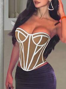 Apperloth A 优雅束身露脐上衣，抹胸式，不对称弧形下摆，系带露背，露胸设计，带钢圈收腰塑身衣，适合女性万圣节、锐舞派对和夏季穿着。 - 棕色 - 查看 3