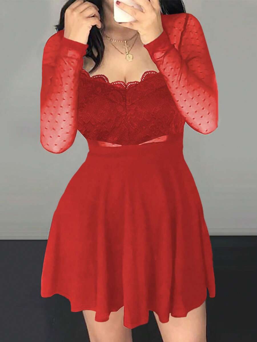 ChicMe Women's Polka Dot Mesh Ruffle Trim Long Sleeve Backless Low-Cut Mini Dress, Sexy & Elegant For Party, Cocktail, Nightclub - Red - View 1