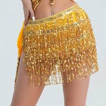 Glitzernder paillettenbesetzter Hüftschal mit Quasten für Frauen, Bauchtanz-Rock mit Fransen als Festival- und Rave-Kostüm - Gold - Übersicht 4