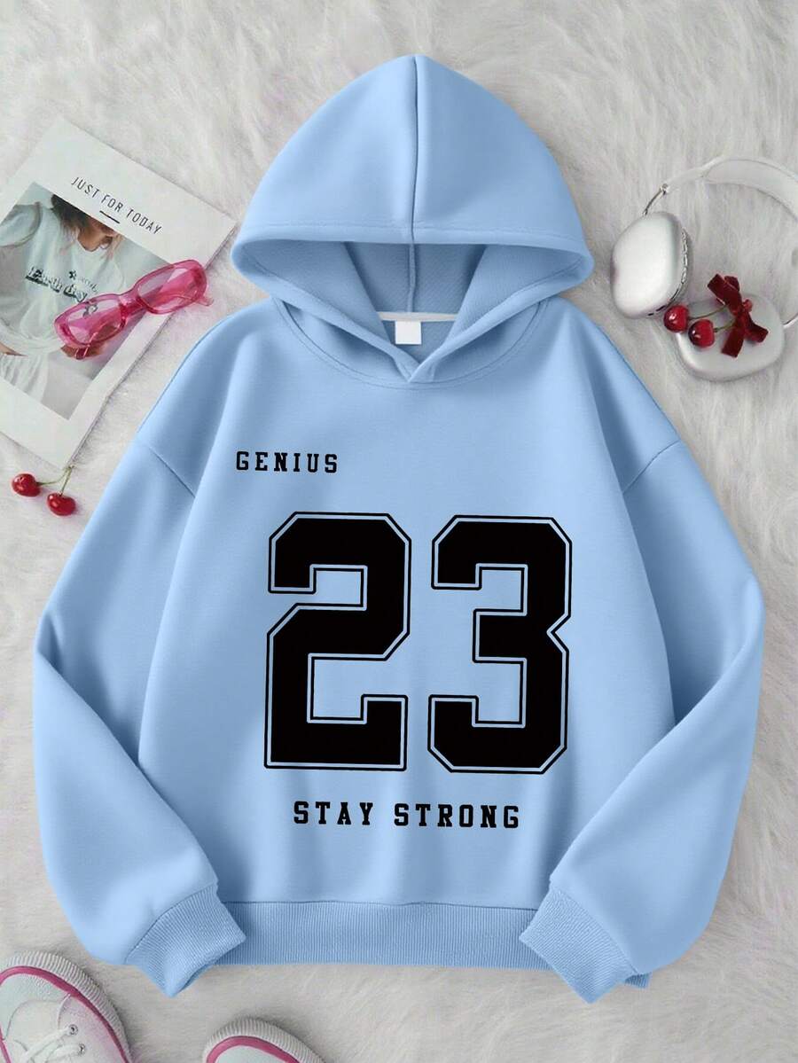 Teen Girl Letter Print Casual Long Sleeve Sweatshirt, Back To School - Baby Blue - View 1