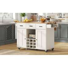 Dining Cart, Kitchen Cart, Removable Dining Cart With Worktop, Towel Rail And Spice Rack, Adjustable Dividers, Buffet Cabinet, Kitchen Cabinets, Tabletop With Wood Grain, White