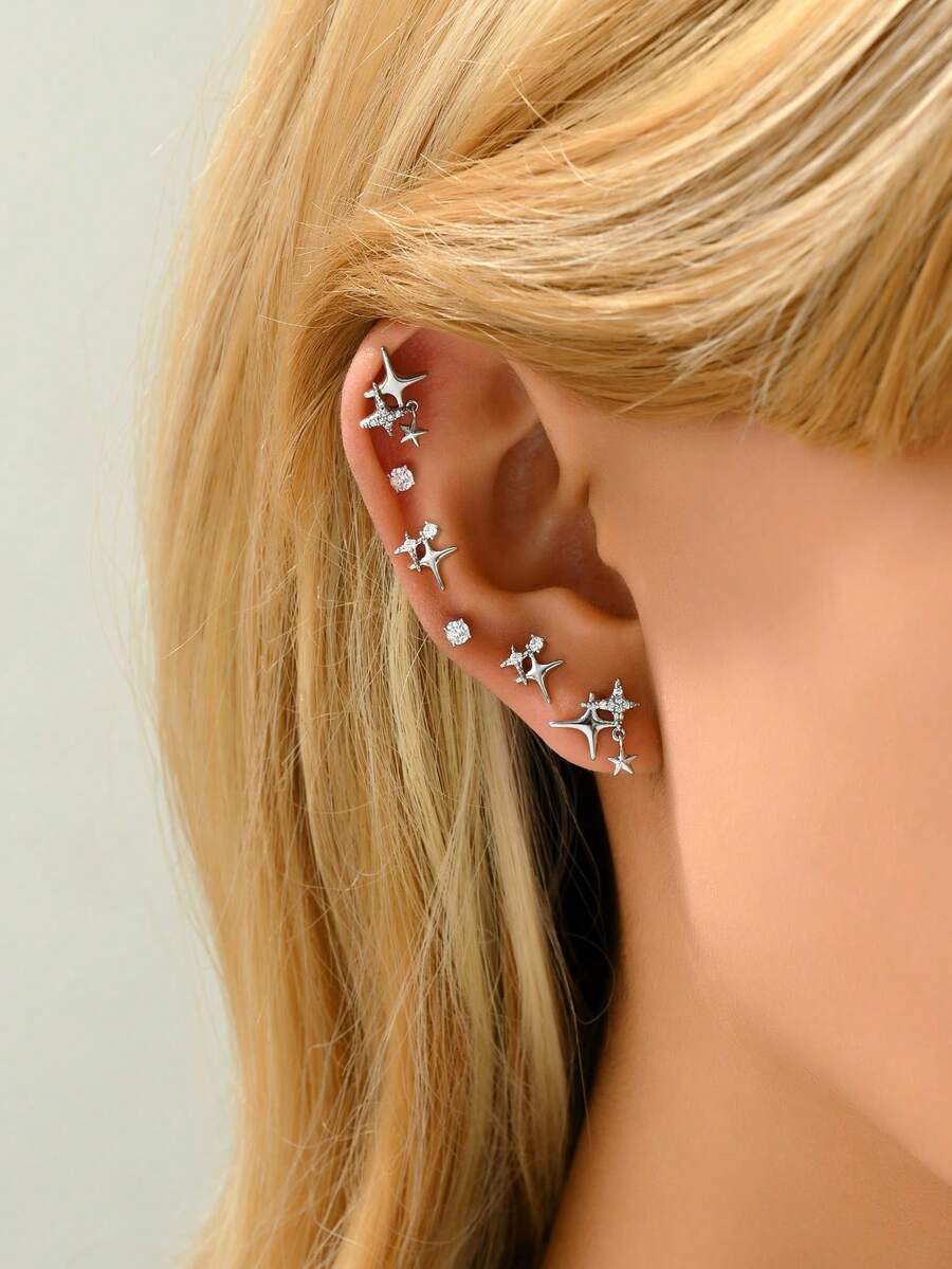 3 Pairs Shiny Star & Cross Star Stud Earrings, Fashionable & Elegant For Daily, Casual, Party Wear - Silver - View 1