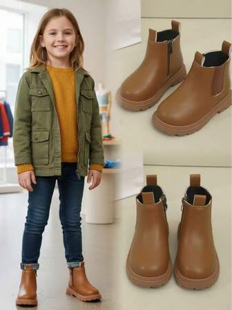 1 par de botas clásicas marrones para niños, con decoración de banda elástica, material suave de calidad, diseño con cremallera lateral, forro cómodo, suela gruesa y suave, adecuado para niños y niñas de 3 a 15 años, para uso diario, salidas, fiestas y vacaciones, nueva colección de otoño/invierno